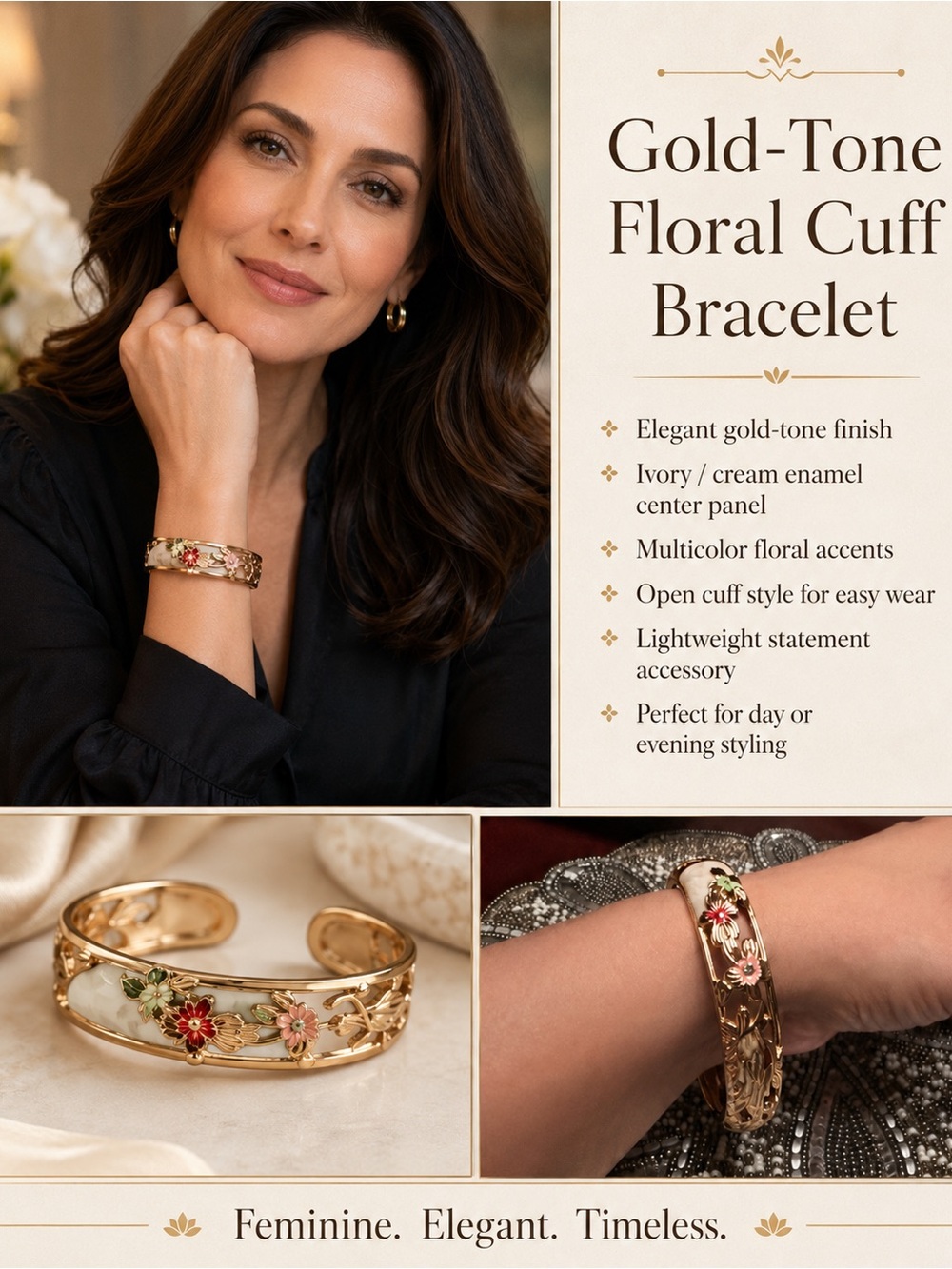 Gold-Tone Floral Cuff Bracelet with Ivory Enamel